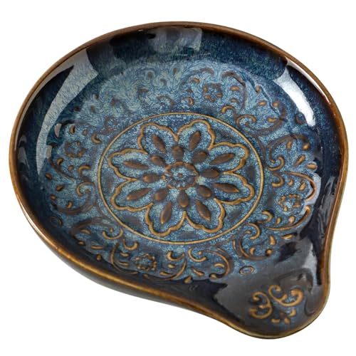 Spoon Rest for Stove Top, Spoon Holder for Kitchen Counter, Ceramic Cooking Utensil Holder for Spoons, Ladles, Spatula, Glazed Blue