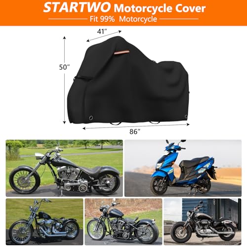 STARTWO Motorcycle Cover Lock-Holes and Storage Bag All Season Universal Night Reflective Universal Heavy Duty Motorcycle Vehicle Cover-86 L x 41\" W x 50\" H Black