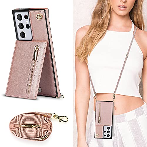 Crossbody Wallet Case Compatible With Samsung Galaxy S10E Leather Phone Case With Card Holder And Strap Cover Magnetic Closure Flip Folio Zipper Purse Kickstand Shockproof Protective Shell(Rose Gold) #TOP6