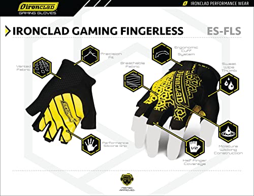Ironclad Gaming Gloves, Half Finger Coverage, Precision Fit, Performance Silicone Grip, Moisture Wicking Construction, Yellow and Black, Large, 1 Pair - Thumbnail 6
