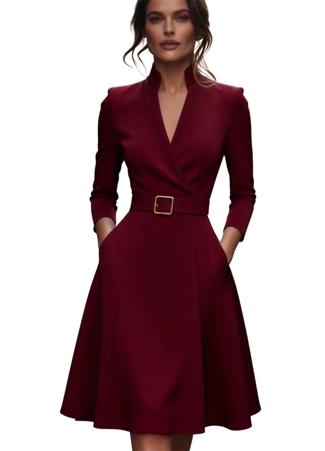 Women Waist Slimming V-Neck Long-Sleeved A-Shaped Medium-Long Belt Skirt for