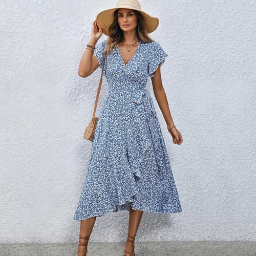 Image of Summer Dresses V Neck Short Sleeve Floral Midi Dress with Tie Waist Ruffled Boho Casual Dress for Beach Vacation