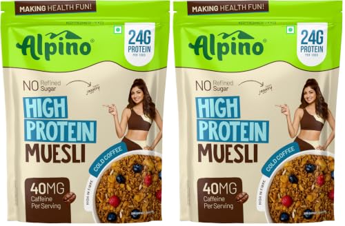 Image of ALPINO High Protein Super Muesli Cold Coffee 400g - Multigrain Flakes & Rolled Oats, Soya Protein, Nuts & Seeds, Coffee Extract - 24% Protein, Source of Dietary Fibre & Healthy Fats (Pack of 2)
