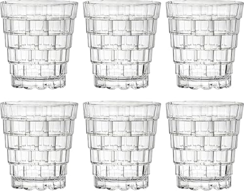 Homeprism Premium Grid Pattern Whiskey Glass Set of 6 (310ml) Crystal-Clear Rocks Glasses for Scotch, Bourbon, Cocktails - Elegant Design with Heavy Base for Perfect Whiskey Tasting