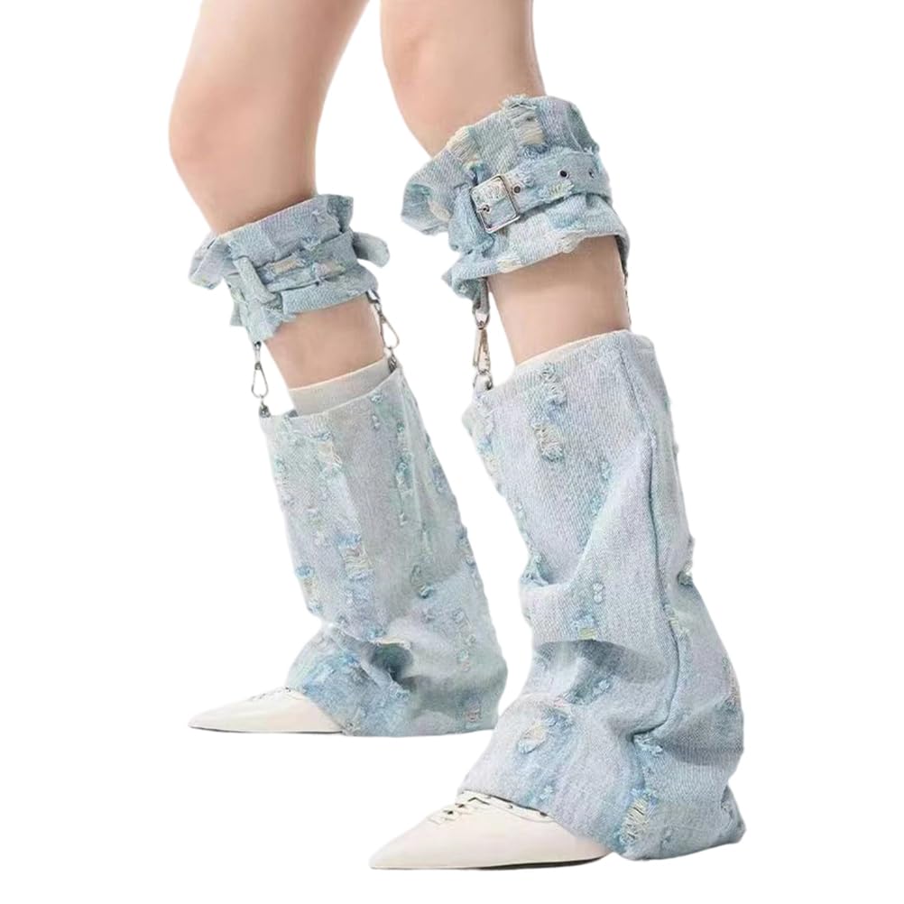 Women Distressed Jeans Leg Warmer with Buckled Straps Ripped Y2K Punk Long Baggy Denim Socks