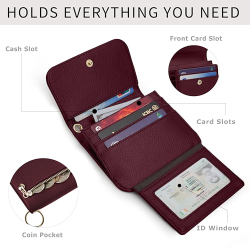 Image of Women Small Wallet RFID Blocking Slim Wallet with Coin Pocket Tri-Fold Credit Card Holder with ID Window and Keychain (Burgundy)
