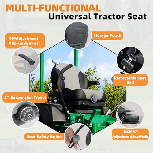 Image of Universal Suspension Seat with Retractable Seatbelt Adjustable Armrests Weight Adjustment for Zero Turn Lawn Mowers & Tractors fits John Deere Scag Bad Boy Ferris Hustler Gravely
