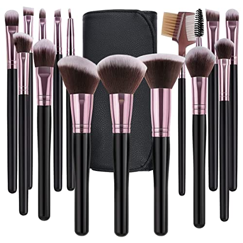 Makeup Brushes SOLVE Professional 16pcs Brushes Set with case，face makeup brushes set foundation eyeshadow brush set travel make up brushes with wooden Handle Softy synthetic fiber（𝑩𝒍𝒂𝒄𝒌 & 𝑹𝒐𝒔𝒆）