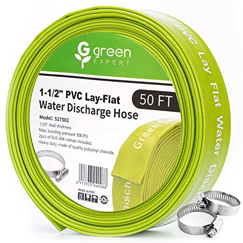 Green Expert 1-1/2' ID PVC Lay-flat Discharge Hose Heavy Duty for Pump Draining Pool Filter Backwash Garden Pond Flooded House Water Disposal, 50 Feet Length with Steel Clamp Kit