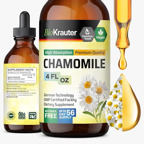 BIO KRAUTER Chamomile Extract for Sleep Support - Natural Calm Liquid Drops Used for All Ages - Chamomile Supplement for Relax - 670 mg per Serving 4 Fl.Oz 56-Day Supply Alcohol & Sugar Free
