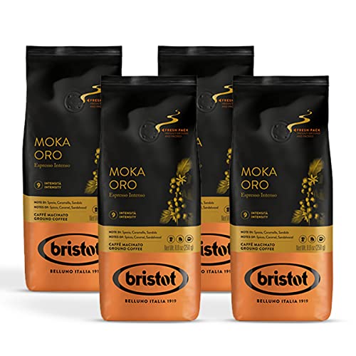 Bristot Caffè Moka Oro Macinato 1kg - Caffè in Polvere Con Miscela Di Origini Da: Brasile, Centro America, Africa, India e Sud Est Asiatico. Caffè Per Moka Con Aroma Intenso E Gusto Dolce.