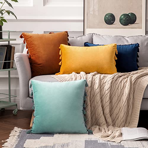 Miulee Pack Of 2 Velvet Soft Solid Decorative Throw Pillow Cover With Tassels Fringe Boho Accent Cushion Case For Couch Sofa Bed 18 X 18 Inch Orange #TOP2