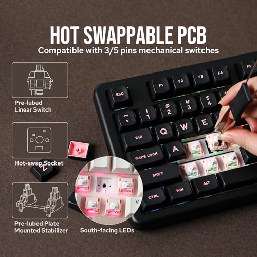 EPOMAKER Galaxy70 Wireless Gaming Keyboard, 75% Aluminium Mechanical Keyboard, Bluetooth 5.0/2.4GHz/USB-C Wired, Programmable, Hot Swappable, for PC/Mac/Office/Gaming (Black, Zebra Switch)