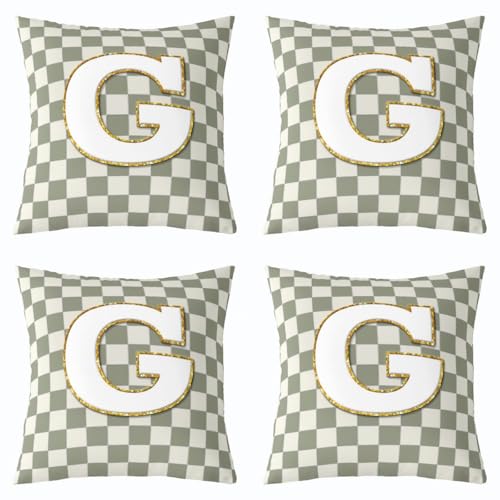 Image of Erosebridal Sage Green Checkered Throw Pillow Covers 20x20 Set of 2 Plaid Initial G Pillow Covers Personalized Monogram Cushion Cover Fashion Grids Gingham Pillow Cases for Couch Sofa