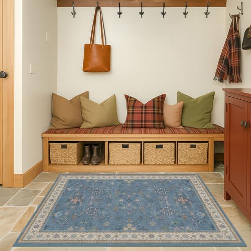 Washable Blue Rugs for Entryway Indoor - 3x4 Throw Rug for Large Kitchen, Bedroom Bedside, Bathroom, Mudroom, Boho Eclectic Modern Décor, Non Slip Low Pile Fade Resistant