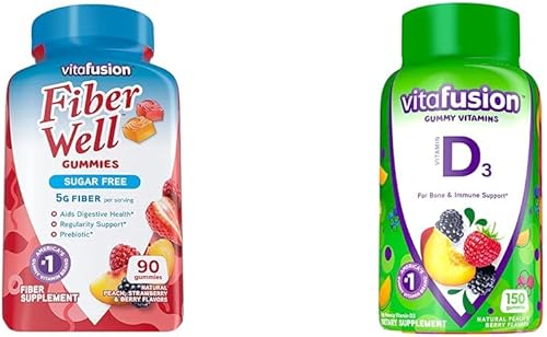 Vitafusion Fiber Well Suplemento de fibra sin azúcar y vitaminas gomosas de vitamina D3 para apoyo óseo y del sistema inmunológico, sabor a