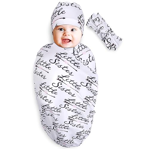 Image of Ultra-Soft Newborn Receiving Blankets, Baby Girl Swaddle Blanket Set with Headband Hat, New Born Hospital Outfit Infant Shower Gift, 0-3 Months, Little Sister
