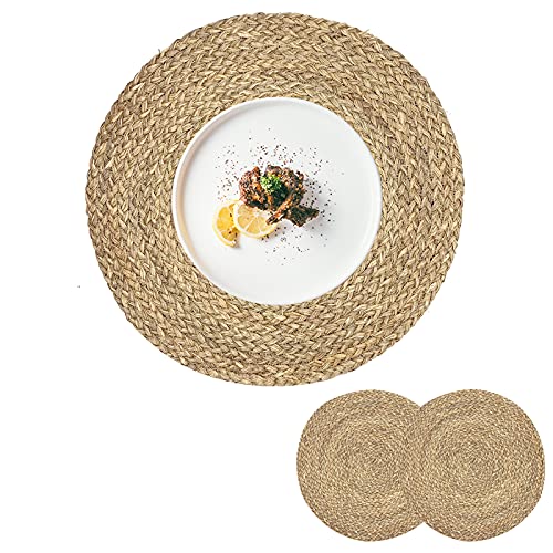 Image of Woven Placemats for Dining Table Set of 2, 100% Natural Straw, Rustic Round Placemats Farmhouse Table Mats Rattan Wicker Placemats Hand Braided Place Mats for Indoor Outdoor, 14.17 inch