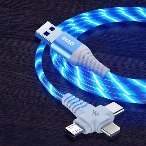 Image of IHAO Multi Ports Light-Up USB Cable USBA to USBC /MicroUSB Cable Durable Fast Charging Cable with Visible Current Flow As Night Light Use-3in1 Blue