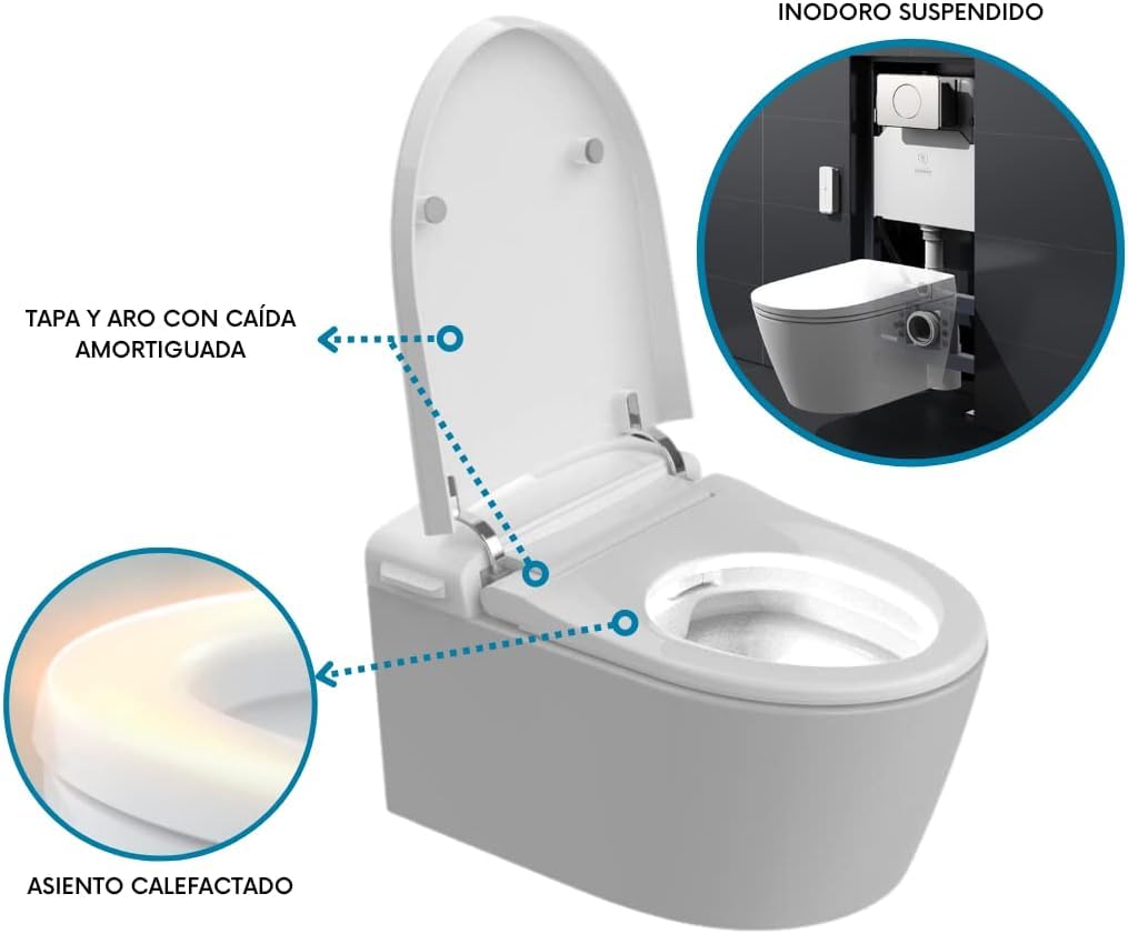 Nashi - Inodoro Japonés Suspendido de Pared + Bastidor | Con Bidet | Diseño para Cisterna Empotrable | Luz Nocturna | Asiento Calefactable, Agua Caliente y Secado | WC Japones Inteligente | EOS