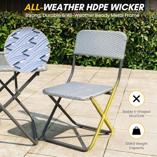 Image of DEVOKO Foldable 3-Piece Outdoor Patio Wicker Furniture Set with Glass Top Table, All-Weather HDPE Rattan, Rustproof Metal Frame for Garden, Balcony & Lawn (Silver Grey)