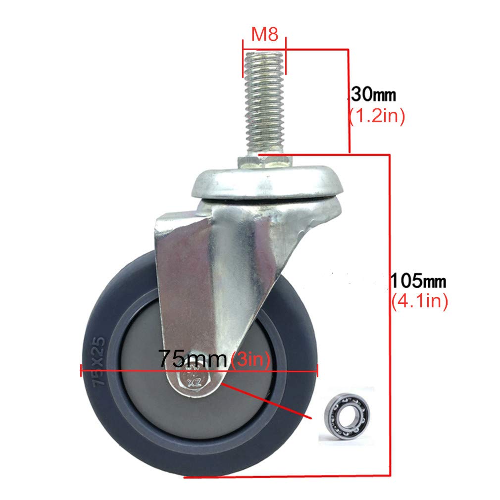 Ruote girevoli resistenti da 7,6 cm, in gomma resistente, con freno, universali, ruote di ricambio per carrello M8 per un facile movimento e mobilità
