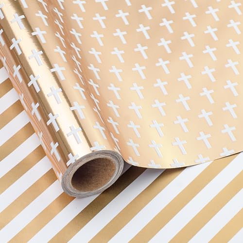 LDGOOAEL Mini Wrapping Paper Roll - Reversible Design (17" X 32.8 Feet) - Gold Cross for Birthday, Baby Shower
