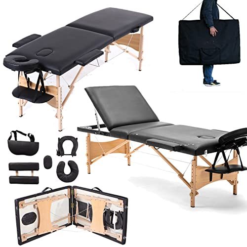 Camilla de masaje ajustable en altura, mesa de masaje plegable con patas de madera ligeras, banco cosmético de 3 zonas, cama de masaje portátil para tatuajes, belleza, fisioterapia, color negro Cover