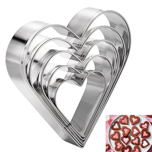Conjunto de 5 cortadores de bolachas em forma de coração de 3,1, 2,7, 2,3, 1,9 e 1,5 polegadas, de aço inoxidável, com borda de coração, moldes para assar no dia dos namorados
