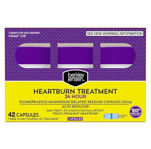 berkley jensen Esomeprazole Magnesium Delayed Release Capsules 20 mg - Acid Reducer, Frequent Heart Burn or Acid Reflux Medicine - Safe and Effective for 24-Hour Heartburn Relief - 42 Capsules