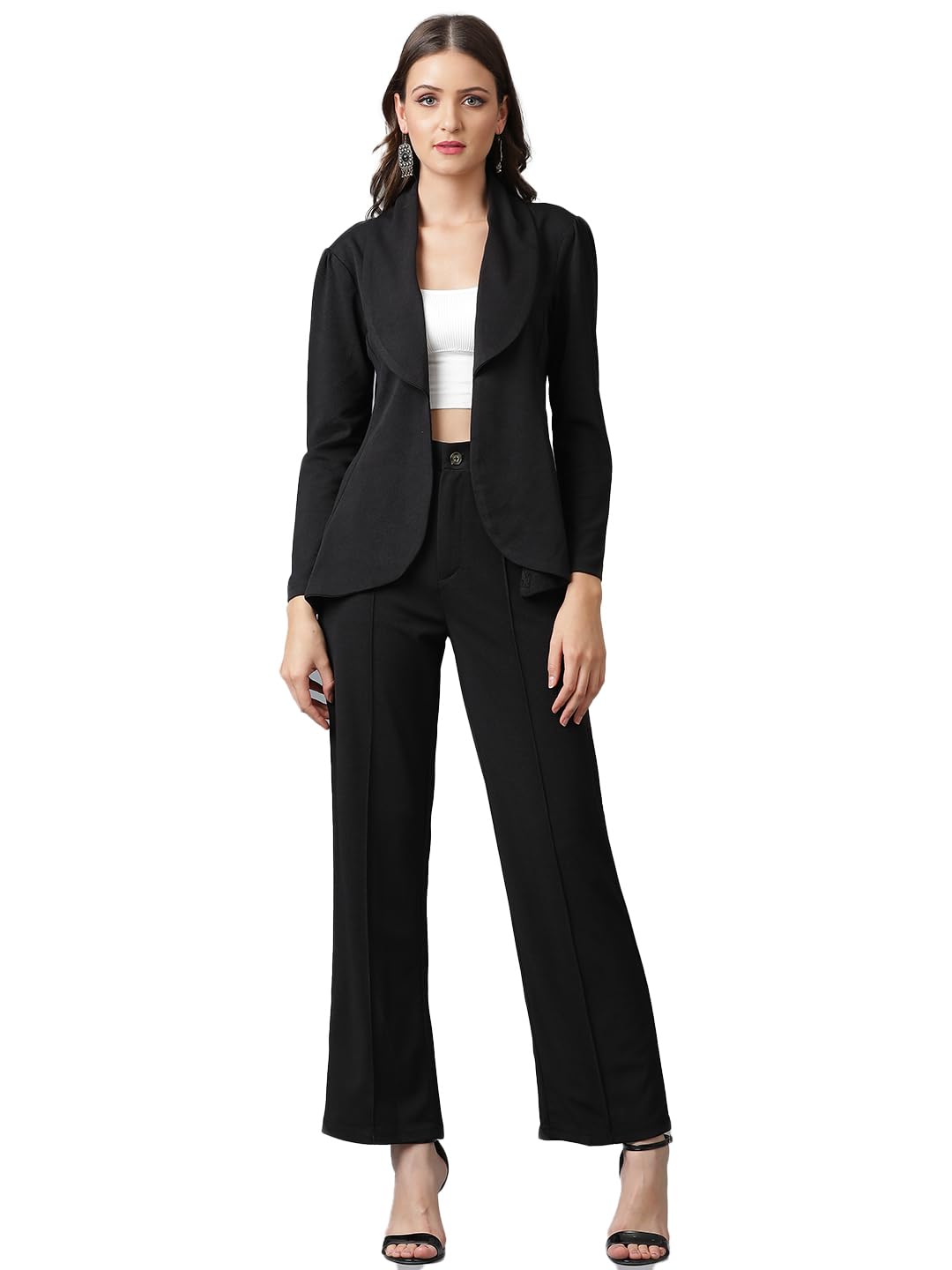 Women's Solid Relaxed Fit 3/4 Sleeve Co-ord Blazer and Trouser Set.-image-46