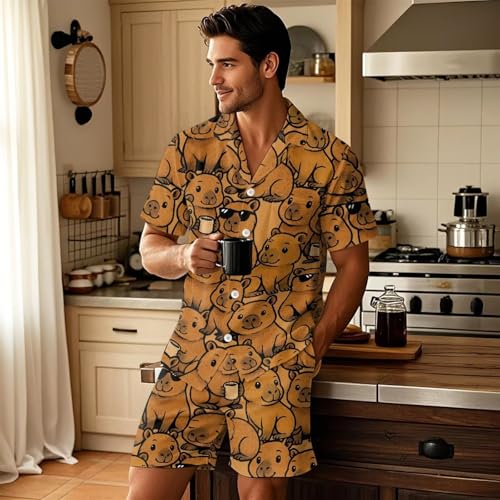 Mens Pajamas Set Summer Sleepwear Two Piece Outfits Soft Nightwear Button Down Top Shorts with Pockets, XS-5XL3