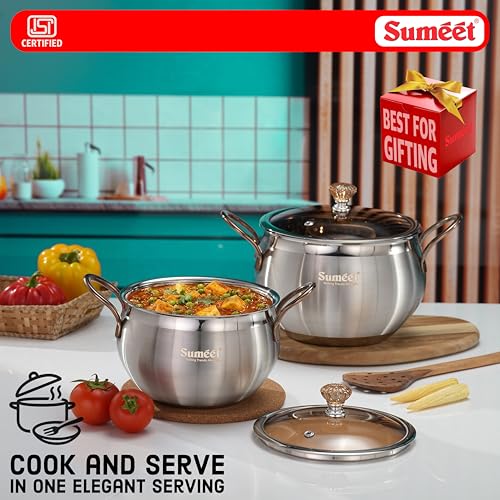 Image of Sumeet ISI Certified Stainless Steel Cook & Serve Biryani Pot /Handi /Sauce Pot with Glass Lid |Induction and Gas Compatible |Set of 2Pc - Capacity - 2200 & 3500ml -Dia - 17 & 19.5cm, Silver