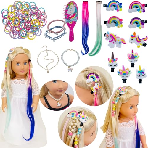 SAIBURAZ 18 inch Doll Hair Accessories for American OG Dolls Hair Brush Rainbown Unicorn Kit Accessories Girl Dolls-Shaped Head Childrens GiftNo Doll