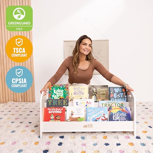 ECR4Kids 3-Shelf Floor Book Display with Handles, 36in, Childrens Furniture, White Wash