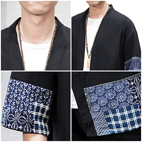 Image of PRIJOUHE Men's Kimono Jackets Cardigan Lightweight Casual Cotton Blends Linen Seven Sleeves Open Front Coat Outwear
