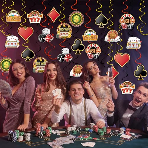 Image of 54Pcs Casino Theme Party Decorations Las Vegas Hanging Swirl Decorations Poker Dice Cutouts Ceiling Streamers for Red and Black Casino Poker Night Las Vegas Birthday Party Decorations Supplies