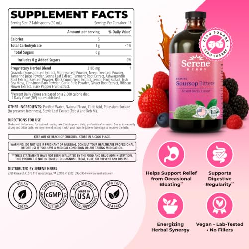 Image of Serene Herbs Soursop Bitters Liquid with Soursop Leaves for Gut Cleanse, Detox & Immune Boost with Black Seed, Moringa, Irish Moss, Ashwaganda, Turmeric,(16 Fl Oz (Pack of 1), Mixed Berry)