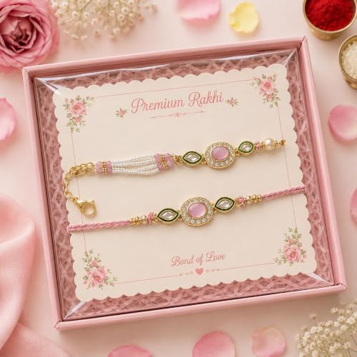 Image of Rakhi for Brother and Bhabhi Set of 2, Designer Rakhis for Rakshabandhan, Bhaiya Bhabhi Rakhi Set for Rang Panchami, Best Wishes Greeting Card and Tillak Set, Premium Thread Raki for Him