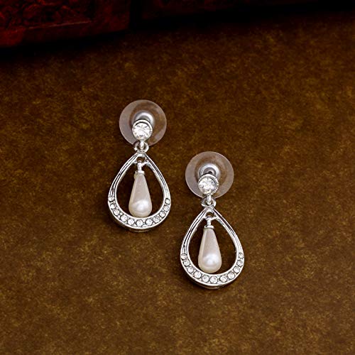 Image of Gehena by Estele Women's Rhodium tone Pearl Crytsal Frame Drop Earrings