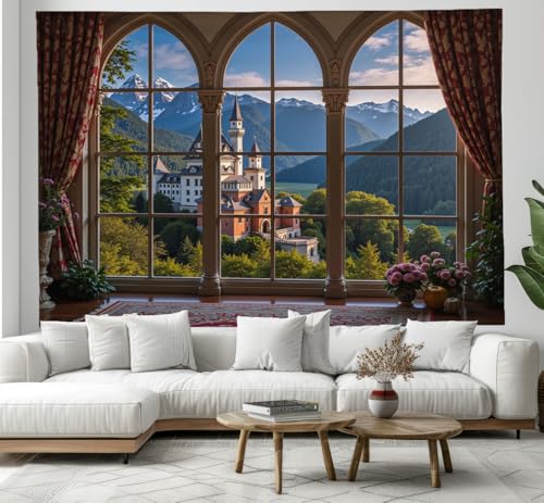 Tapisserie murale fenêtres cintrées forêt château 200x150cm vert DACRWEKZ
