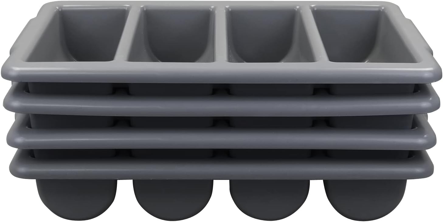 Teyyvn 4-Pack 4-Compartment Cutlery Box, Plastic Commercial Silverware Bin, Gray