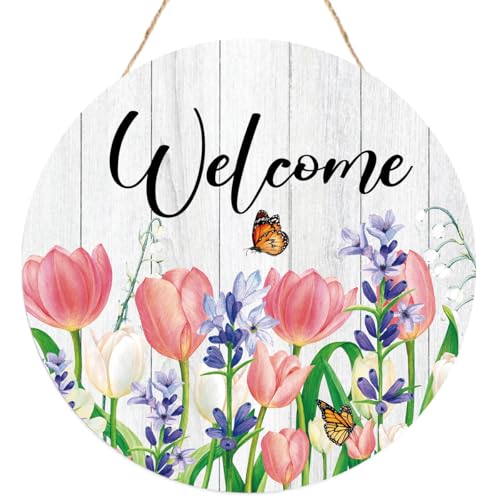 Tulips Welcome Sign Wood Plaque,Front Door Decoration