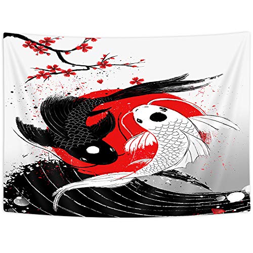 Japanese Tapestry, Anime Black And White Yin Yang Koi Fish On Kanagawa Wave Tapestry Wall Hanging, Asin Cherry Blossoms Sakura Flower Tapestry For Living Room Bedroom Dorm Decor, 60X40In #TOP3