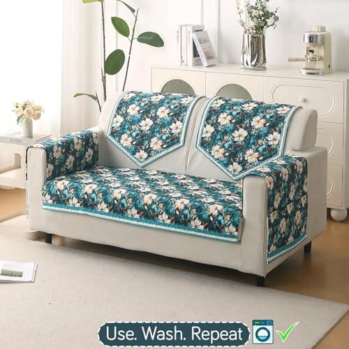 Image of HOKIPO 'Florentina Series' Foam Filled Premium Holland Velvet Sofa Cover Mat for 2 Seater Sofa with Anti-Slip Backing, Pansies Teal (IN-879-V5)