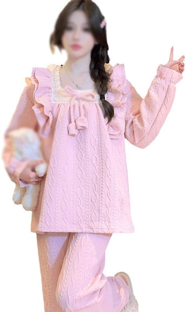 JSEIAJB Winter Pajamas Women Interlayer Air Cotton Pullover Long Sleeve Trousers Warm Home Wear Set(Large)