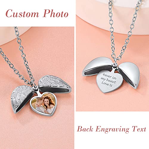 Findchic Personalized Heart Locket Necklace Angel Wings Pendant With Photo Printing Platinum Plated Dainty Custom Full Color Picture Memorial Jewelry For Women Girls Mom Loss Of Father Gift #TOP2