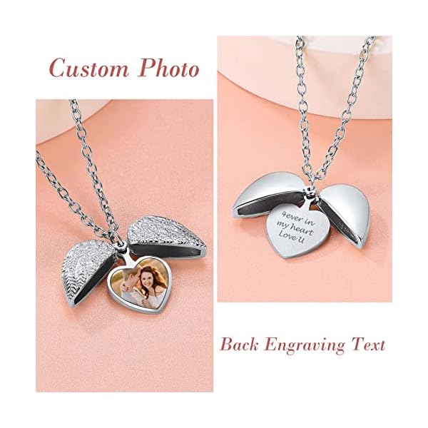 FindChic Personalized Heart Photo Angel Wings Locket Necklace Sterling Silver/Stainless Steel/18K Gold Plated Dainty Custom Full Color Picture Pendant Memorial Jewelry Gift for Girls Family + Gift Box - Image 4