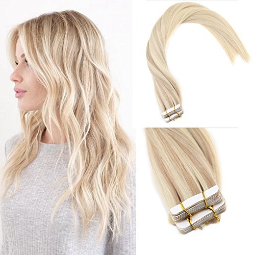 Sunny 16inch Remy Tape in Hair Extensions Human Hair Nordic Balayage Blonde Highlight Remy Hair Extensions Human Hair Tape in 20pcs/50g per pack