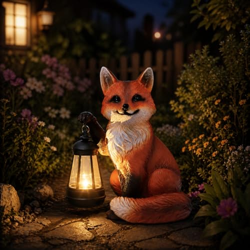 Scoomor Solar Fox Garden Statue, 9 Inch Resin Animal Figurine with Lantern, Outdoor Solar Light Decor for Patio, Yard, Porch, Walkway, Lifelike Woodland Fox Sculpture for Garden Art (Red) - Image 3
